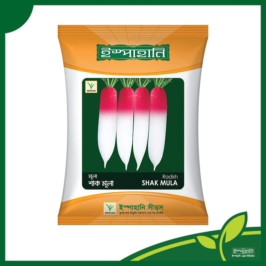 শাক মুলা । ইস্পাহানি এগ্রো ।  মুলা বীজ । shak mula । ispahani agro ।  মুলা উজ্জ্বল সাদা ও উপরের দিকে লাল বর্ণের ।   । বপনের ২৫-৩০ দিন পর শাক এবং ৪০-৪৫ দিন পর ফসল সংগ্রহ করা যায়
